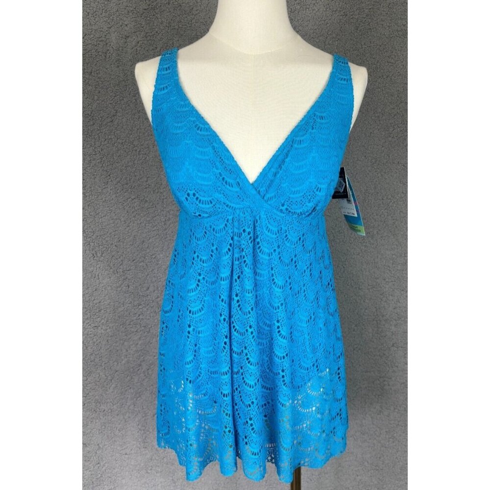 Swim Solutions Women's Tummy-Control Flyaway Swimdress Crochet 8 Blue NWT's.